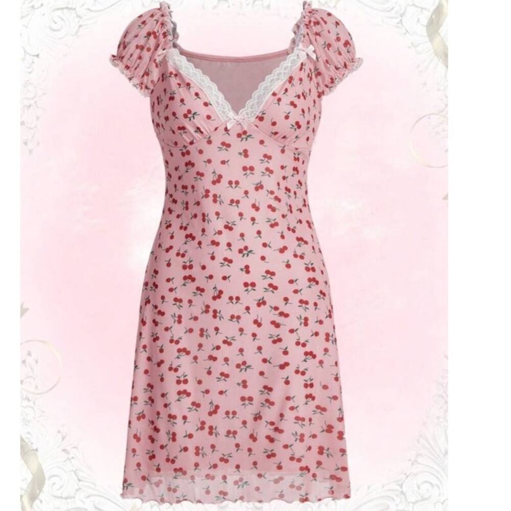 Romwe Cherry Print Contrast Lace Dress size M